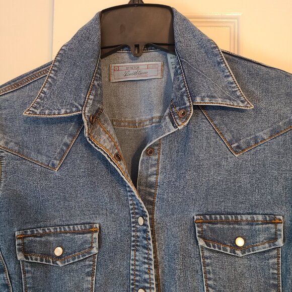 Vintage Levi Strauss Stretch Denim Pearl Snap Shirt Size Misses M 8/10 Western - Picture 2 of 4